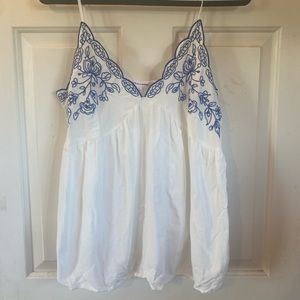 White and blue floral embroidered tank top